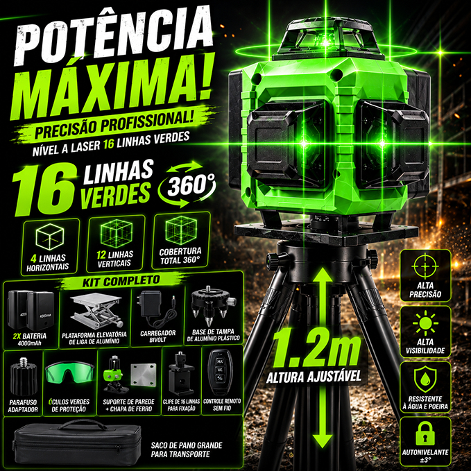 Nível Laser 16 Linhas Profissional  Verde Nível 360° Auto-Nivelante 4D + Tripé 1.2m + 40m + 4000mAh Baterias*2 War Shark