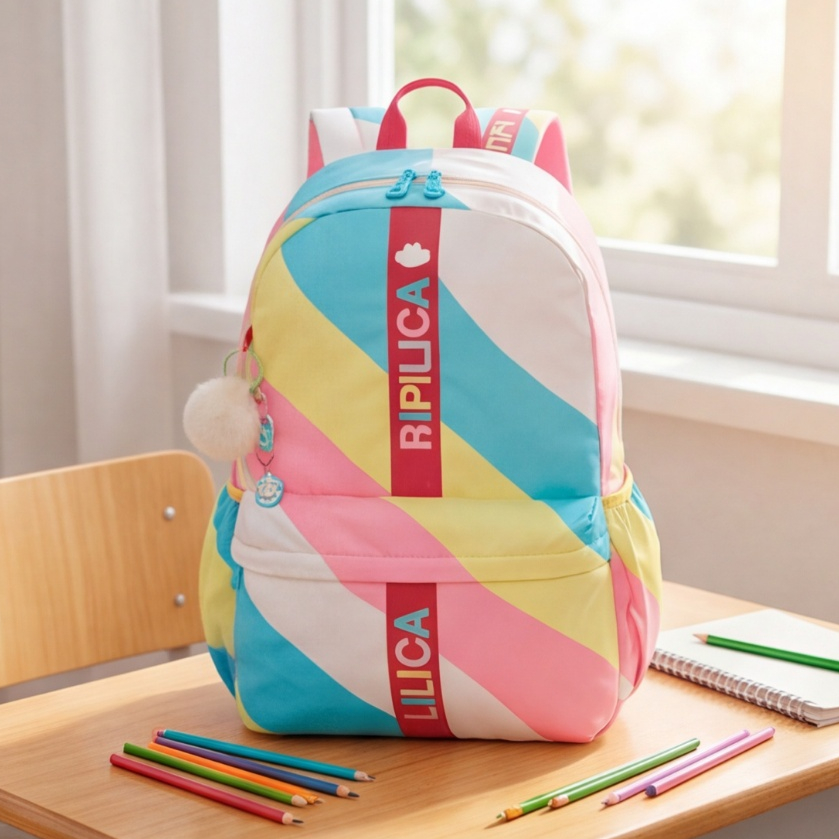Mochila Escolar Lilica Ripilica Infantil Colorida Feminina Resistente Com Pompom e Bolso Frontal