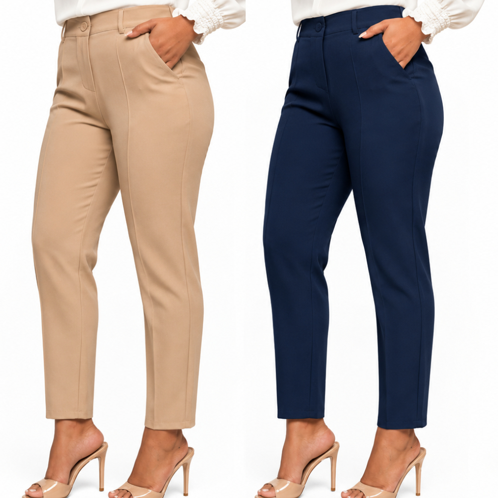 Calça alfaiataria reta Feminina Risco Elegante plus Size Cintura alta