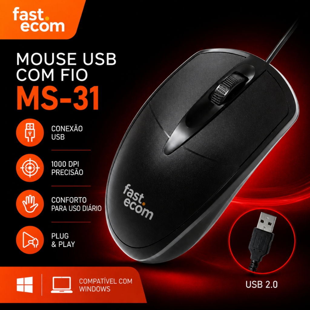Mouse USB C/ Fio Plug Play Ambidestro Óptico Ergonômico Precisão Conforto Home Office Estudos Rápido
