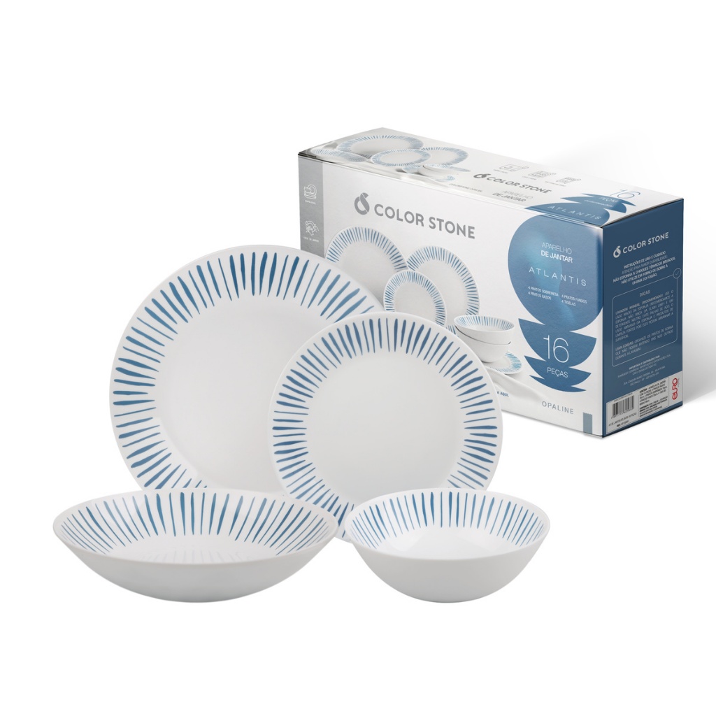 Imagem Aparelho de Jantar 16 Peças Atlantis Azul para 4 Pessoas Pratos e Bowls Design Moderno