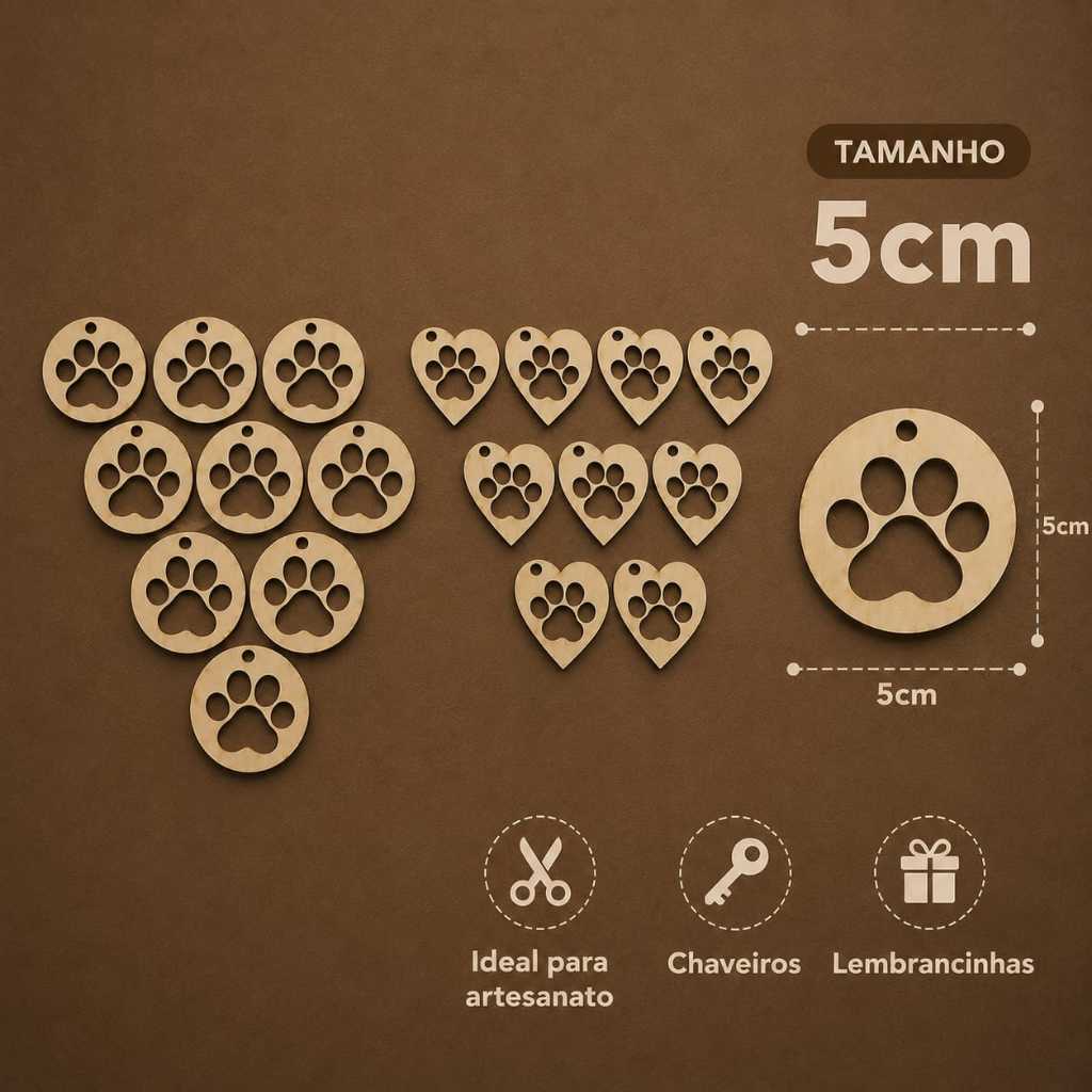Kit Pingente Patinha Pet MDF 5cm  Para Chaveiros, Lembrancinhas e Artesanato Pet Cachorro, Gato