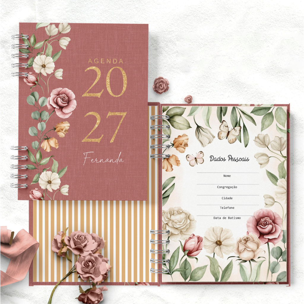 Agenda 2027 Personalizada com Nome 1 Dia por Página Capa Dura Floral Romântico Presente