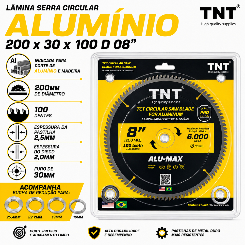 Lamina Serra Circular TNT Alumínio E Madeira 200 x 30 x 100 Dentes Pro Series