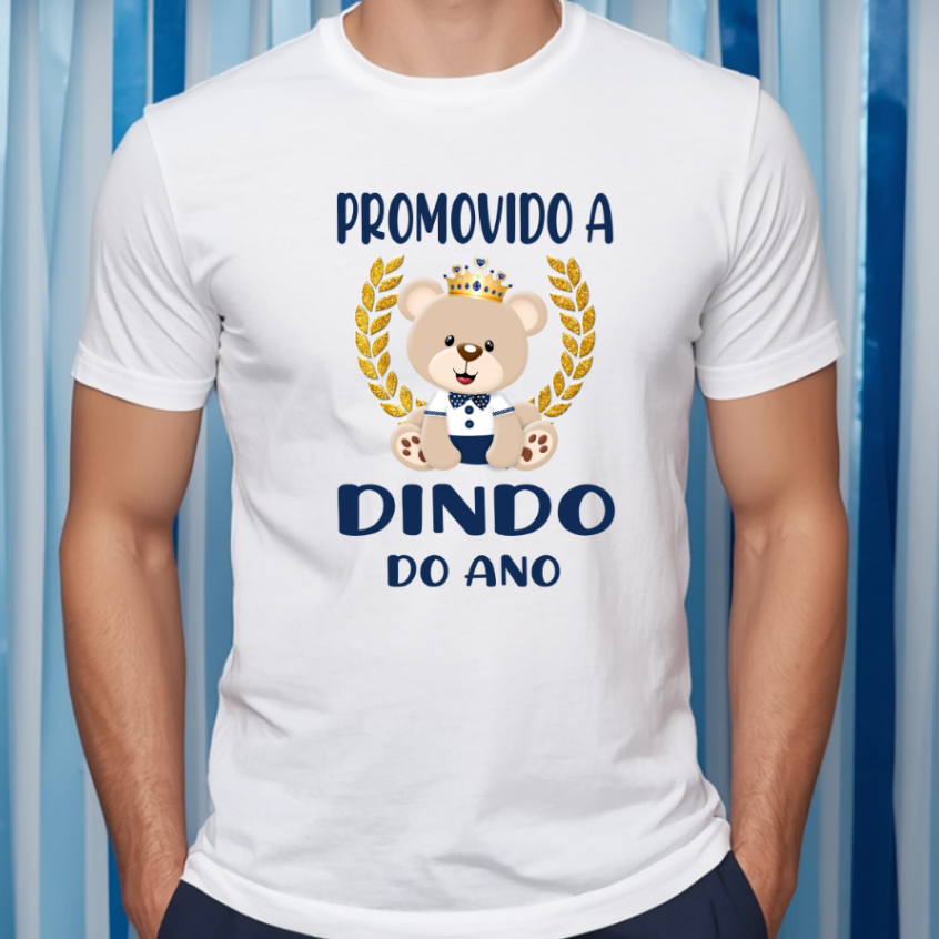 Camiseta Adulto PROMOVIDO A DINDO DO ANO Ursinho Príncipe Realeza Azul marinho - Chá de bebê ZLprint
