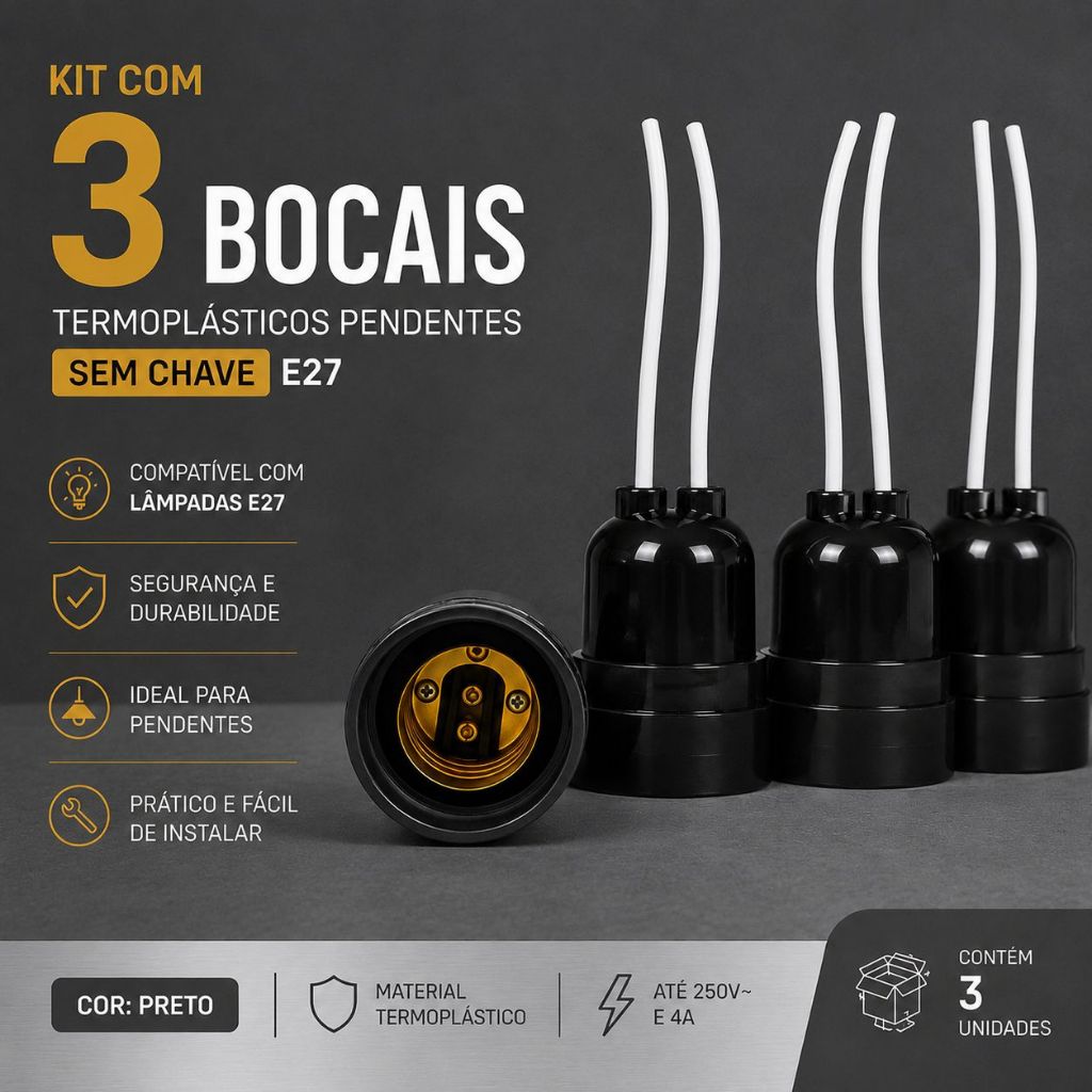 Kit c/ 3 Soquetes E27 Pendente Preto Termoplástico Sem Chave Para Lustres e Luminárias