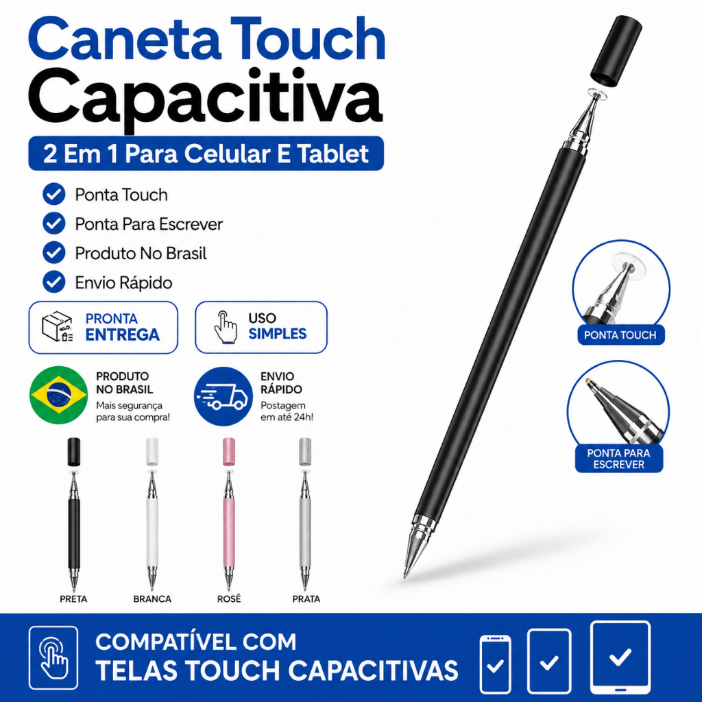 Caneta Touch Screen 2 Em 1 Universal Para Celular Tablet iPad iPhone
