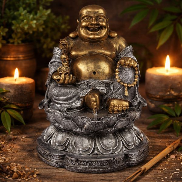 Imagem Estátua Buda Sorridente Da Riqueza Flor Lótus Paz Felicidade Estatueta Zen Resina Fortuna Gordo Rico