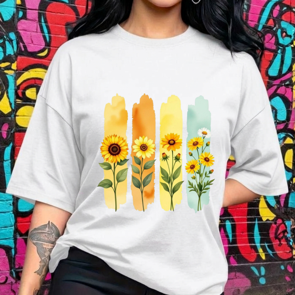 Camiseta Blusa Oversized Feminina Preta Girassol Floral Tendência Aesthetic