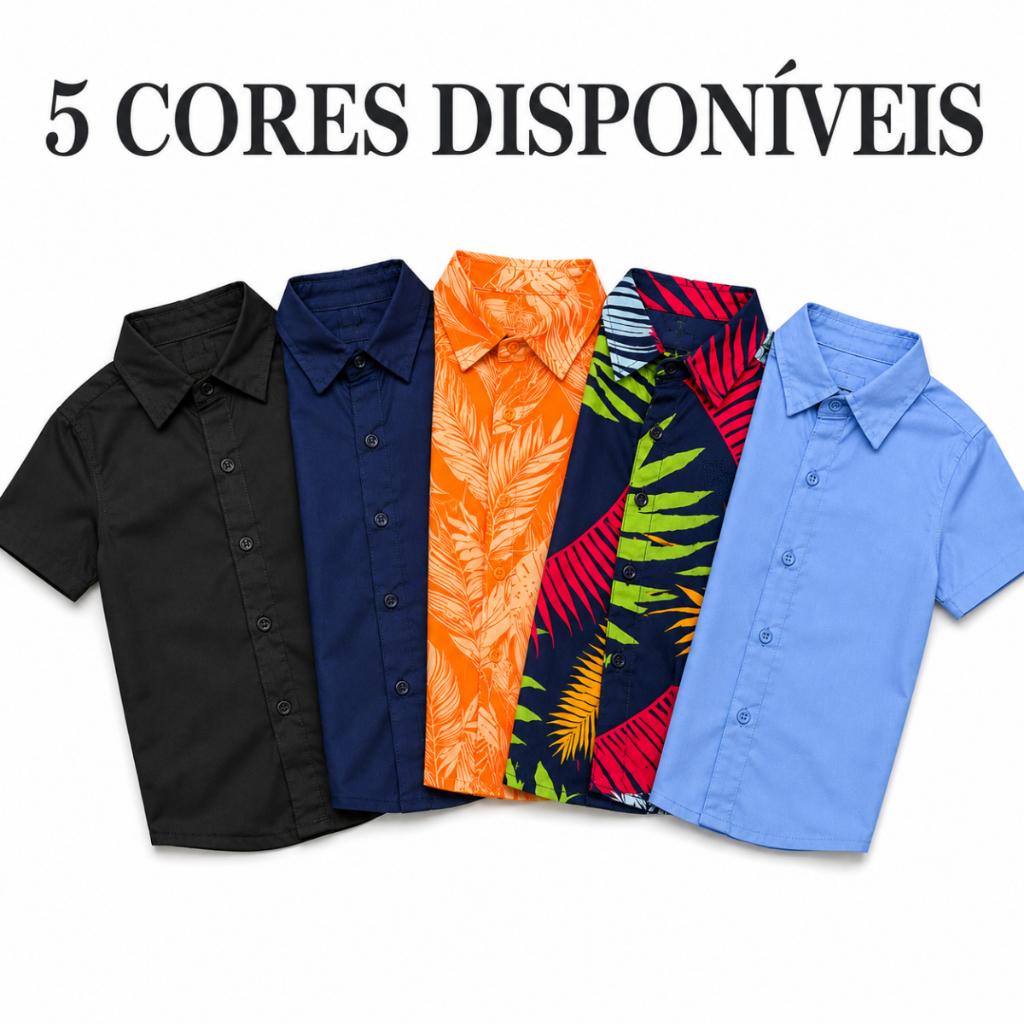 Camisa Manga Curta Infantil Menino Social e Estampada Tropical Lisa Festa Verão Tamanho 01 ao 16