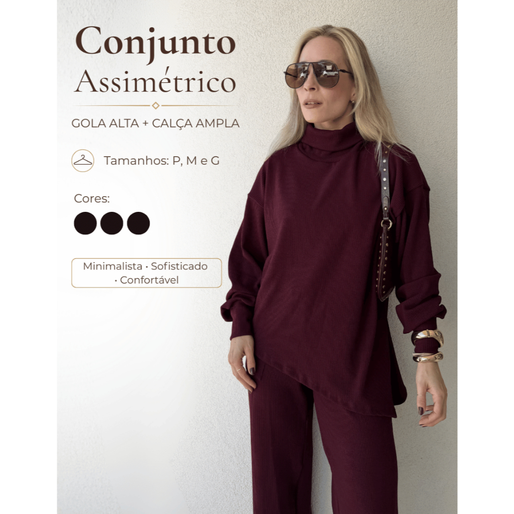 Conjunto Feminino Anarruga Blusa Assimétrica Gola Alta Manga Longa Calça Pantalona Ampla Elegante Confortável