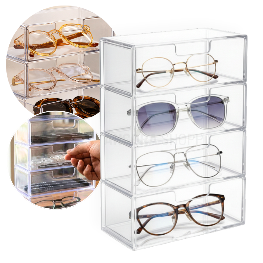 Porta Oculos Organizador Estojo de Escritórios 4 Divisórias Gavetas Acilico Transparência Paramount