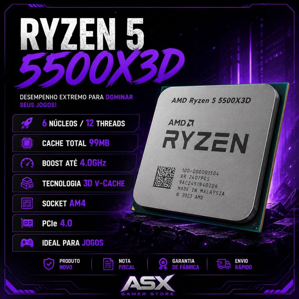 Processador AMD Ryzen 5 5500X3D AM4 6 Núcleos 12 Threads Cache 99MB Novo