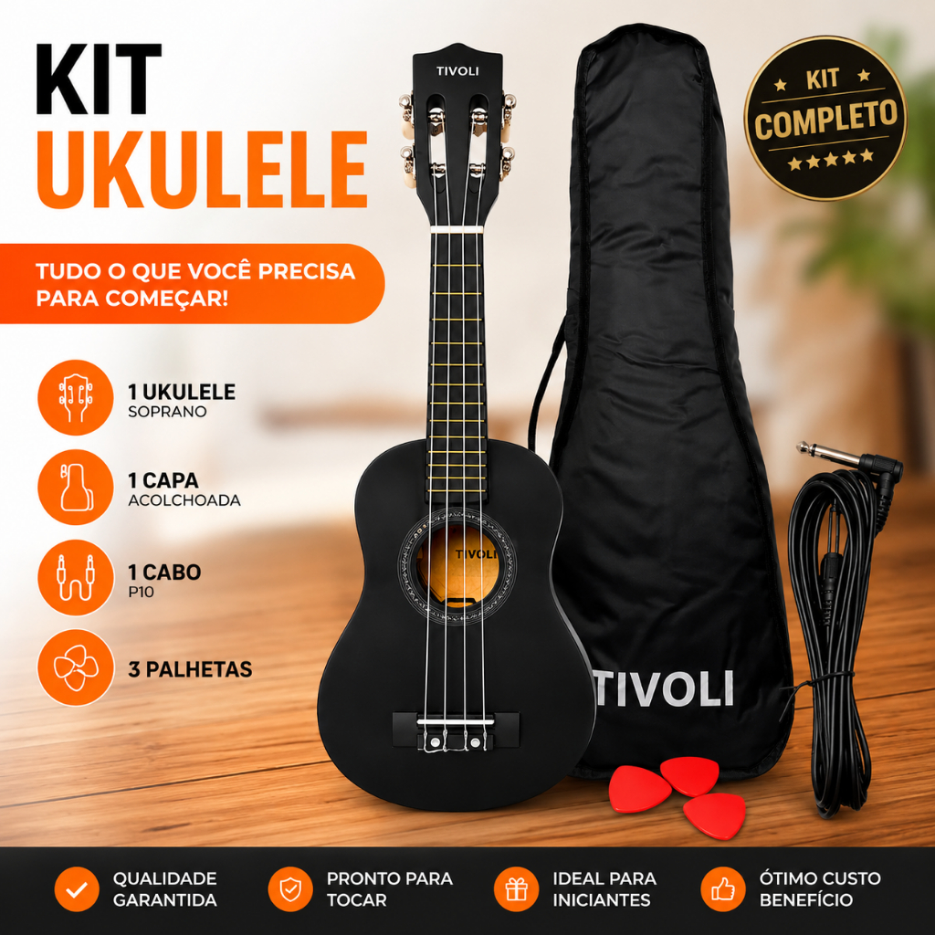 Ukulele Soprano Eletroacústico Tivoli 21" – Kit Completo com Capa, Cabo e Palhetas