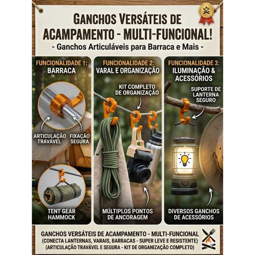 FlexHook Outdoor – Gancho Multifuncional para Acampamento, Gancho para haste de Barraca, Camping, Acampamento