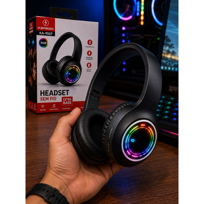 Fone Bluetooth Kapbom KA-9067 RGB LED Headphone Sem Fio Gamer Bluetooth 5.3 Com Microfone