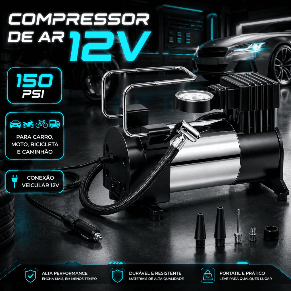 Compressor de Ar 12V Veicular 150 PSI Inflador Pneu Carro Moto Bicicleta Caminhão Portátil Manômetro