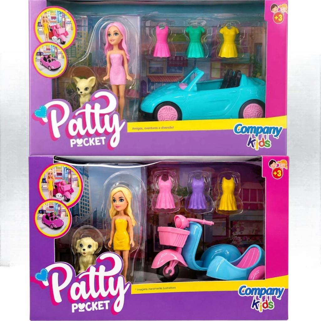 Boneca Patty Pocket com Pet, Carro ou Moto, 3 Roupas Extras e Acessórios Infantil Boneca Infantil Brinquedo Menina