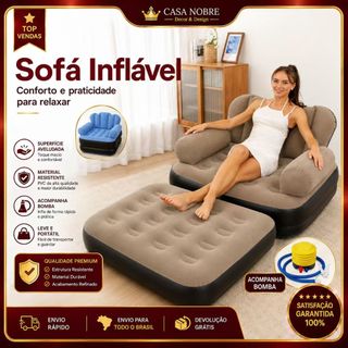 Sofá Inflável 2 em 1 com Puff Acompanha Bomba Infladora Superfície Aveludada PVC Resistente Leve Portátil para Sala Quar