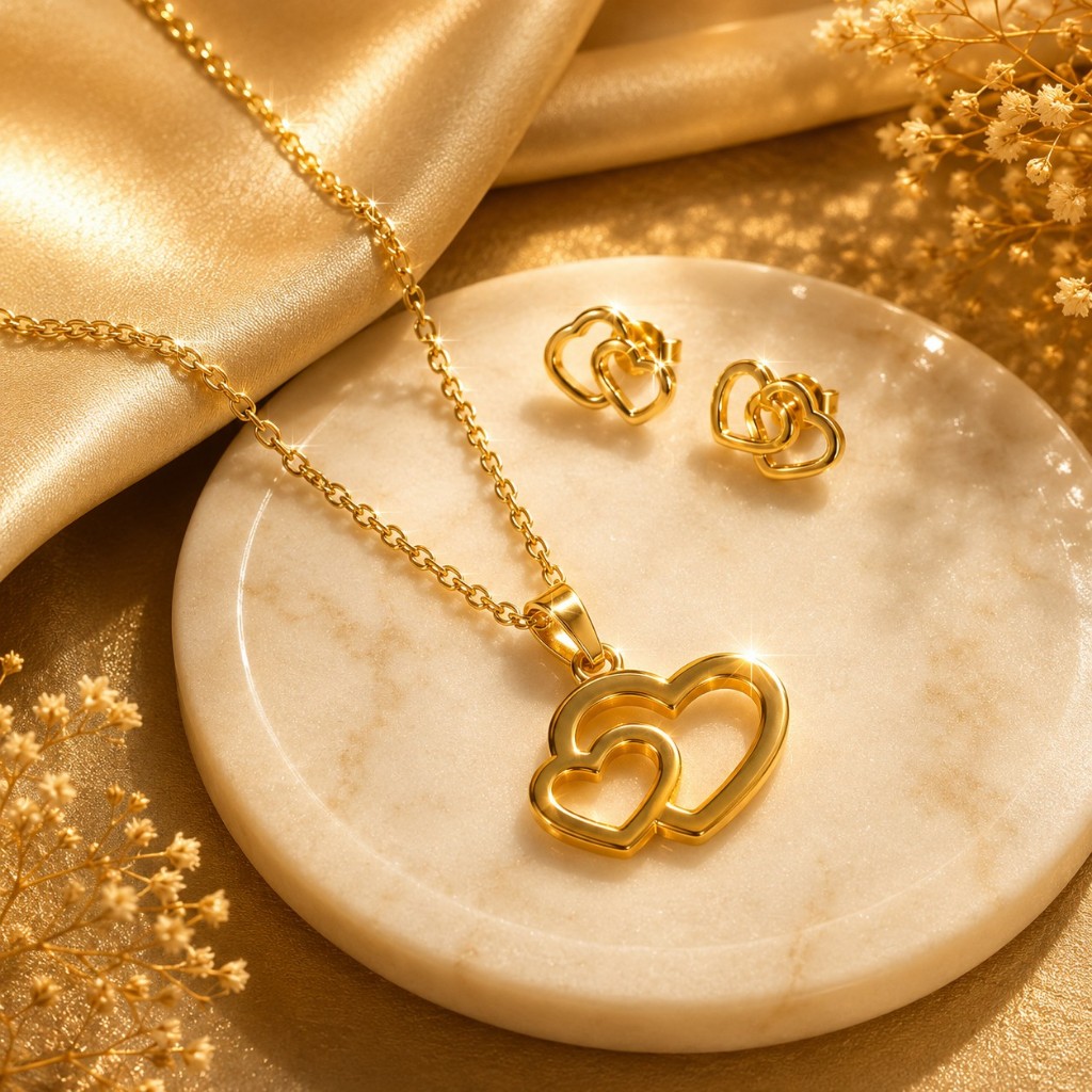 Conjunto Colar e Brincos Corações Entrelaçados Dourado Feminino Aço Inoxidável Antialérgico