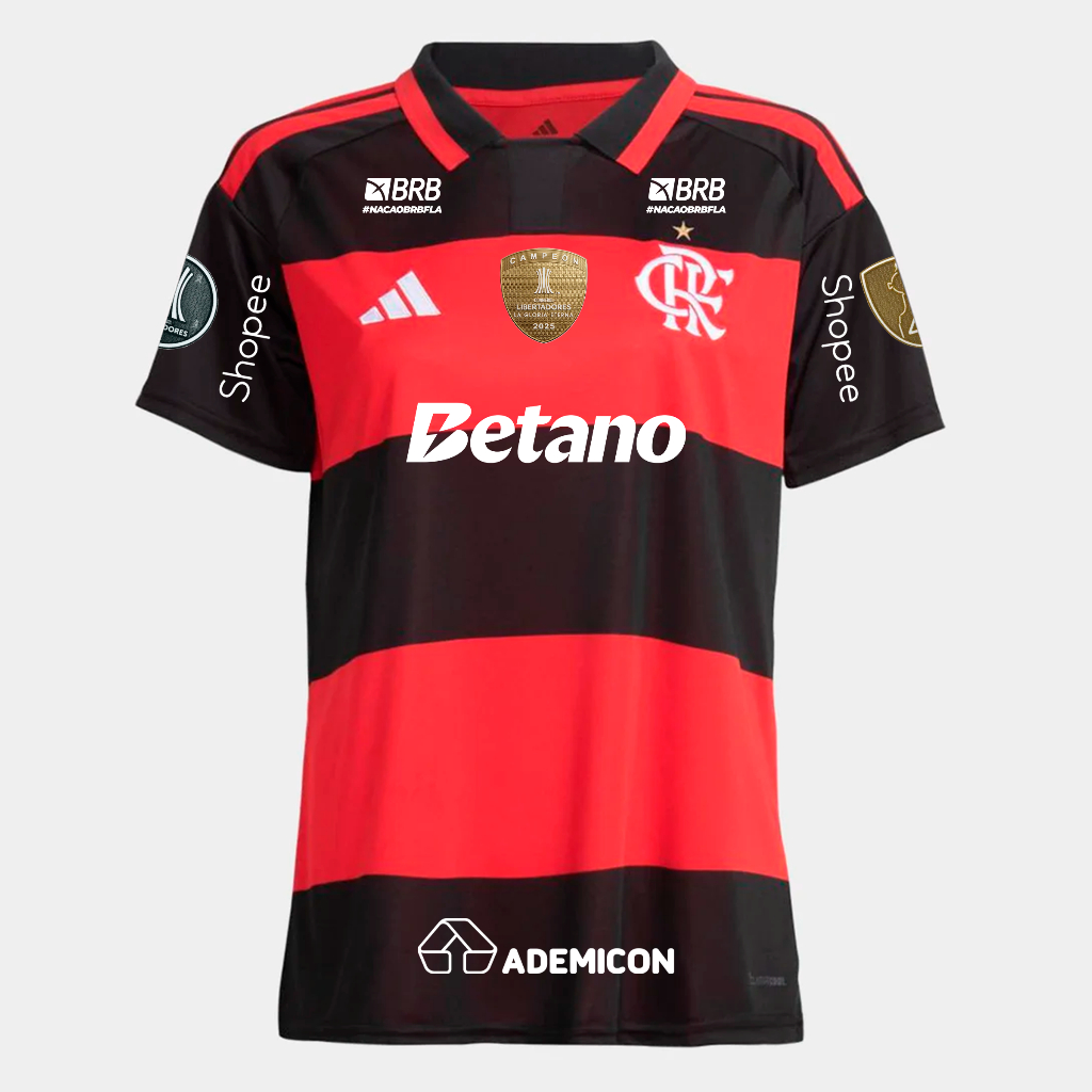 Manto Flamengo Feminina Jogo 1 Adidas 2026 - Kit Patrocínio + Kit Patchs CAMPÉON Libertadores 2025