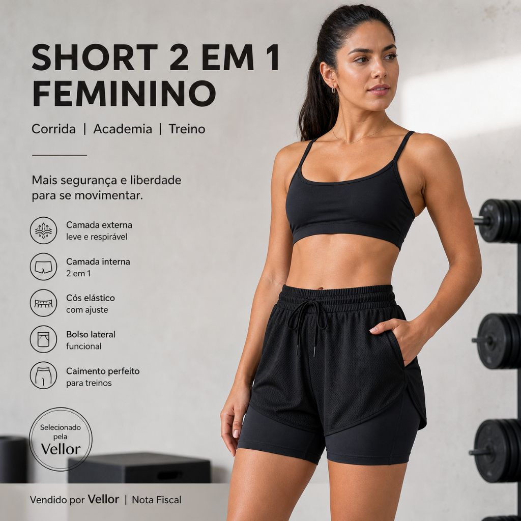 Short 2 em 1 Feminino Corrida Academia Caminhada Treino Fitness Confortável Nota Fiscal