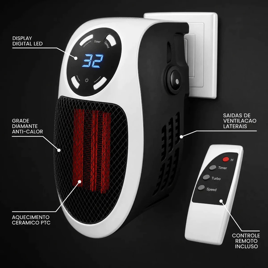 Mini Aquecedor Elétrico Portátil 500W, Aquecimento Rápido, Circulação de Ar, Tomada 110V