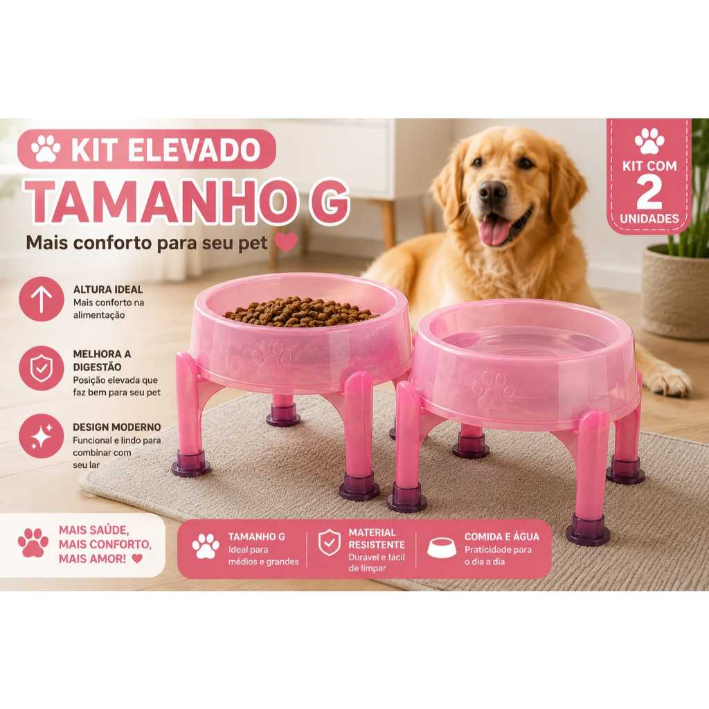 Comedouro Elevado Alto 1,5L 27,5cm Para Cães Grandes Anti-Formiga Postura Correta Cor Rosa