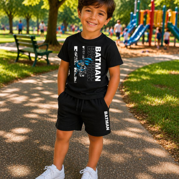 Conjunto Infantil Batman  Menino Camiseta e Bermuda Preto 2 ao 16 Casual de verão  Roupa Infantil Super Herói
