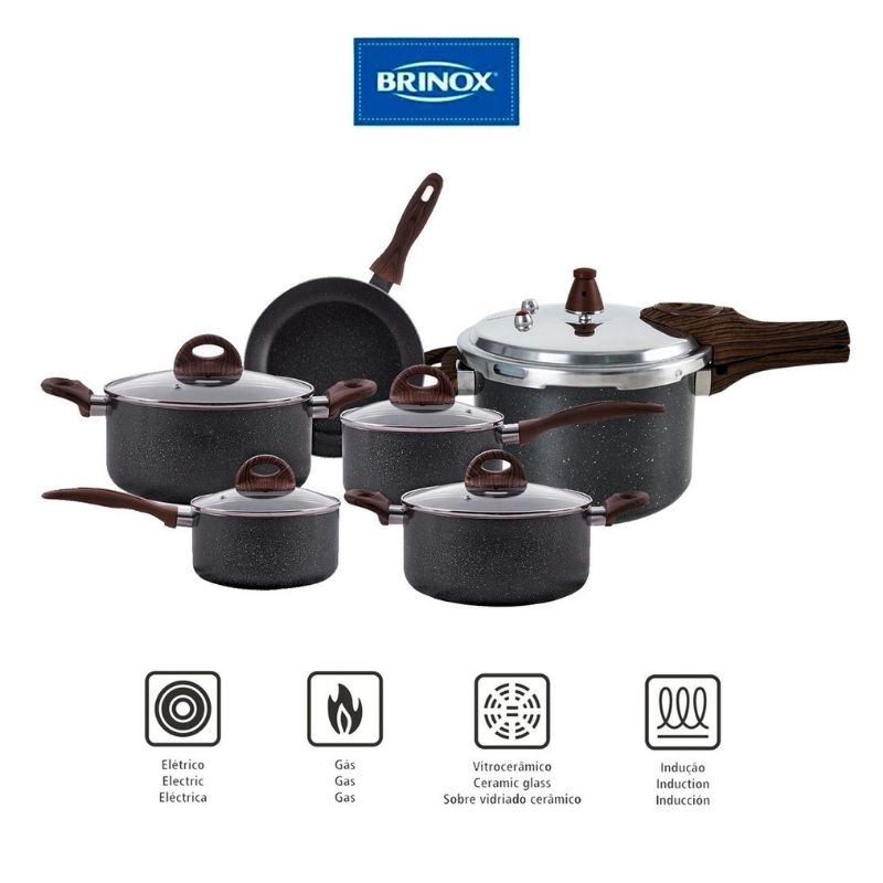 Jogo De Panelas De Indução Com Panela De Pressão Ceramic Life Granito 6 Peças - Brinox