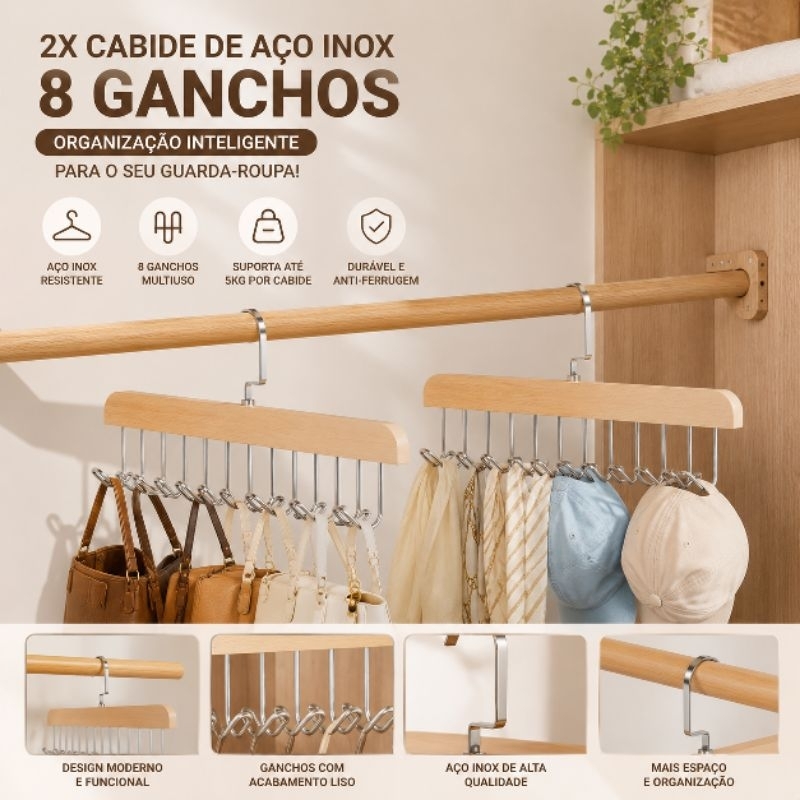 2x Cabide de Aço Inox 8 Ganchos Multi-uso Para Organizar Cintos Gravatas Cachecóis Sutiãs Colares 28cm