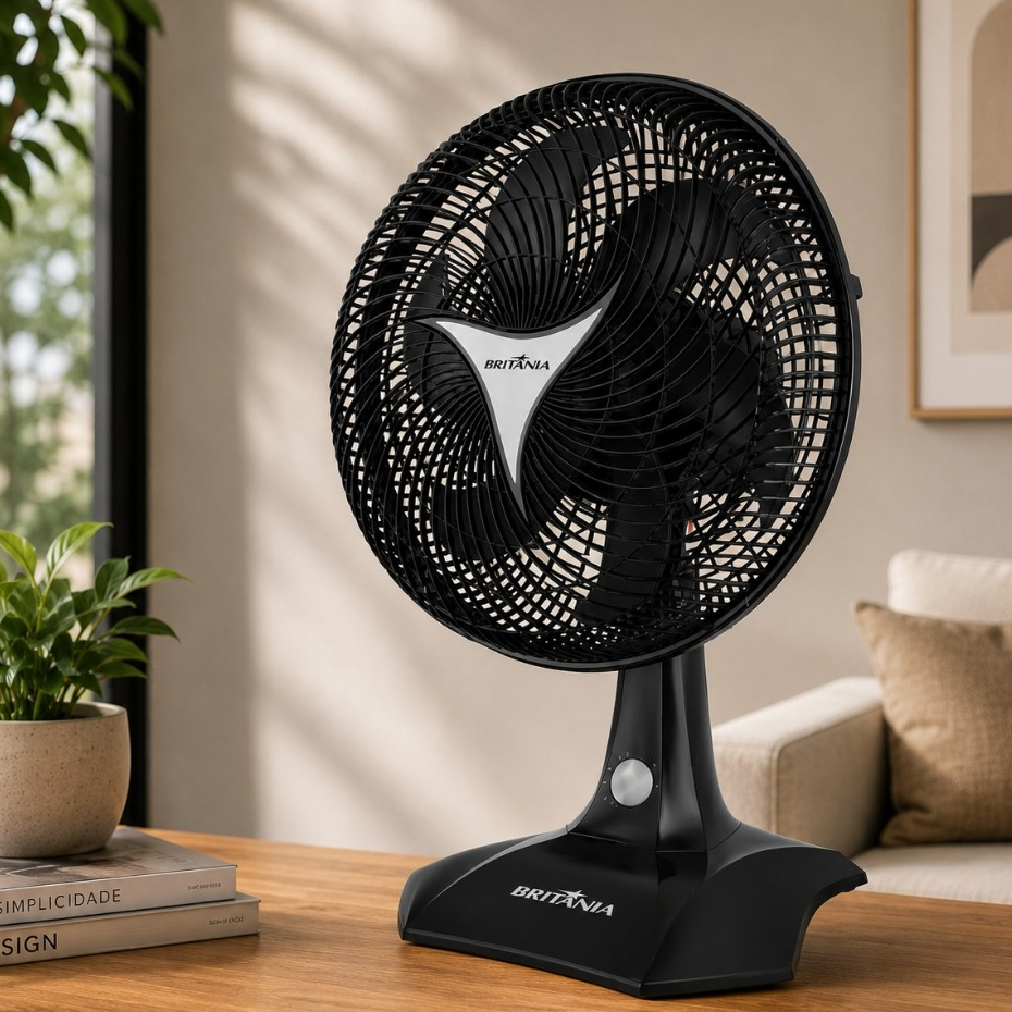 Ventilador de Mesa Britânia 30cm Preto 127V Protect Potente e Silencioso 3 Velocidades com Oscilação
