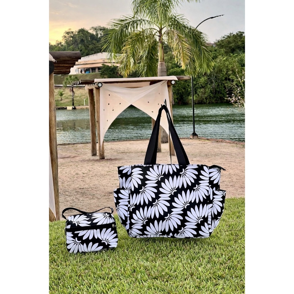 Sacola Gorgurão Xadrez Com Necessaire Bolsa Grande Praia Piscina Academia Viagem Passeio
