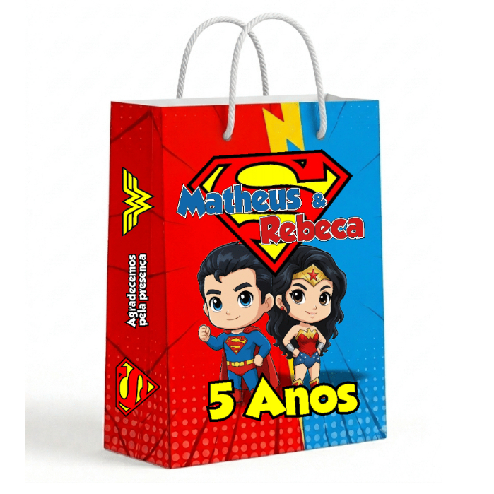 Sacolinha Personalizada Super Homem e Mulher Maravilha Personalizada com Nome Sacolinha Surpresa