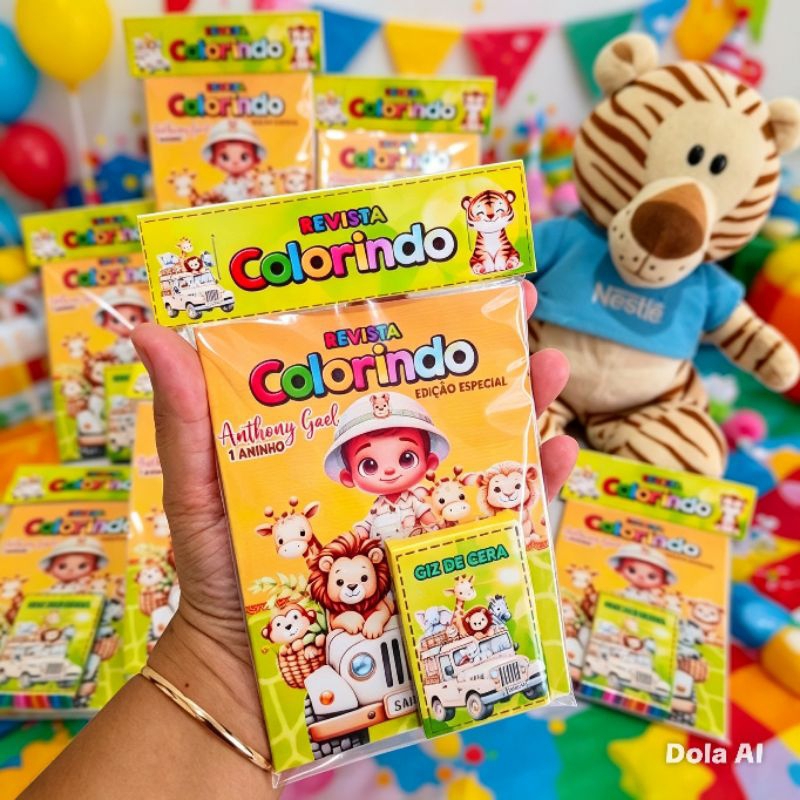 Kit Colorir Festa Safari 10x15cm| Revista + Giz | Lembrancinhas Aniversário Personalizadas.