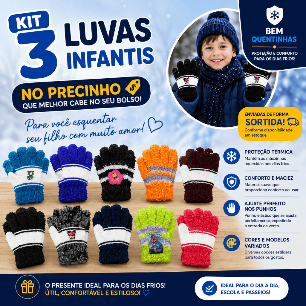 Kit 3 Luvas Infantil Menino Quentinho Inverno Frio Peludinha e Sem Pelinho Bebe Elástica Aleatório