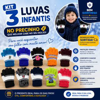 Kit 3 Luvas Infantil Menino Quentinho Inverno Frio Peludinha e Sem Pelinho Bebe Elástica Aleatório