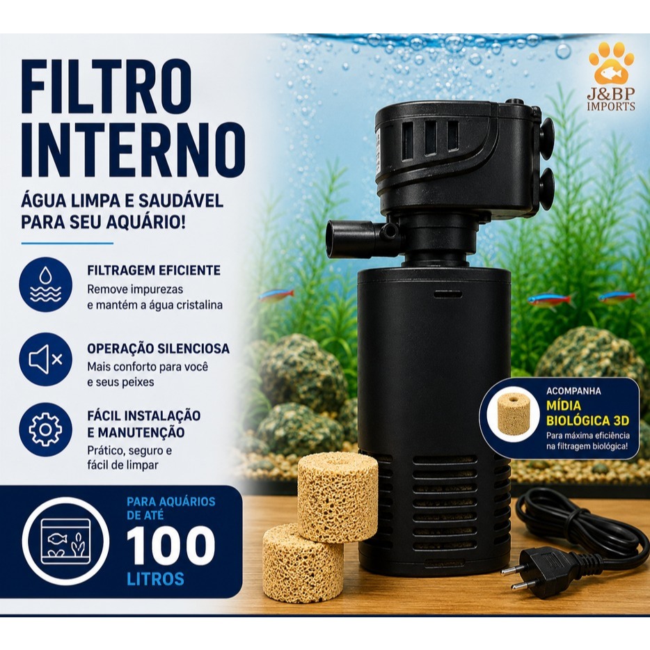 Filtro Para Aquario até 100 litros C/Bomba Oxigenadora Interna C/ Mídia 3d Ocean Tech-Silencioso