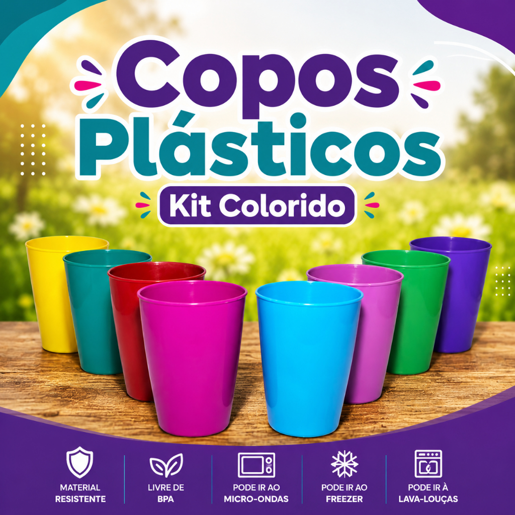 Kit copo plástico 350ml Reutilizável Copos Resistente e Colorido festas eventos escola 5/10/15/20 un