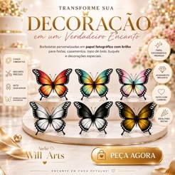 Kits com 45, 90 e 135 Apliques de Borboletas Topo de Bolo, Buquê, Enfeites, Decoração de Festa - Papelaria personalizada