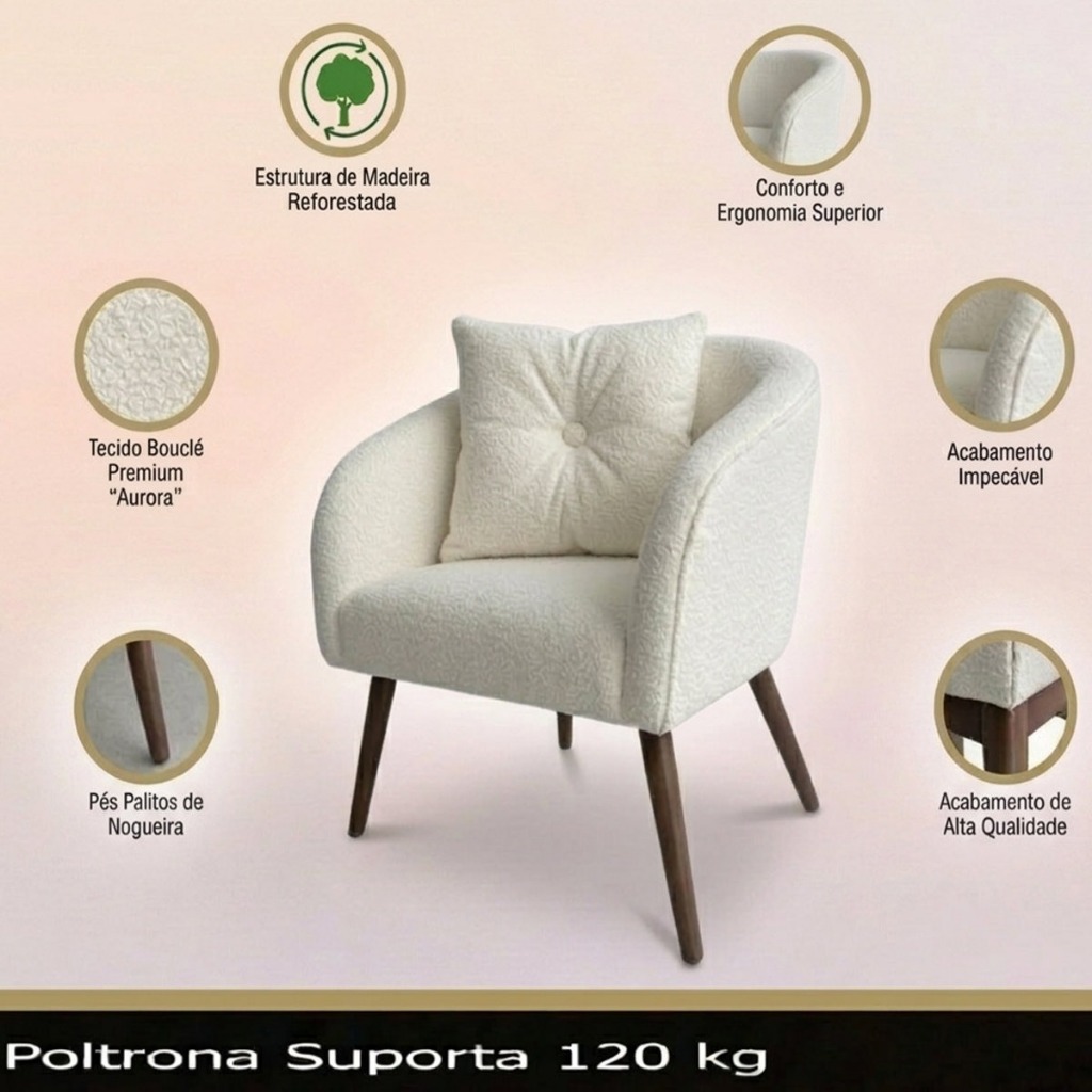 Poltrona Bouclê Pés Palito Poltrona Tecido Bouclé Com Almofada Poltrona Decorativa Orgânica