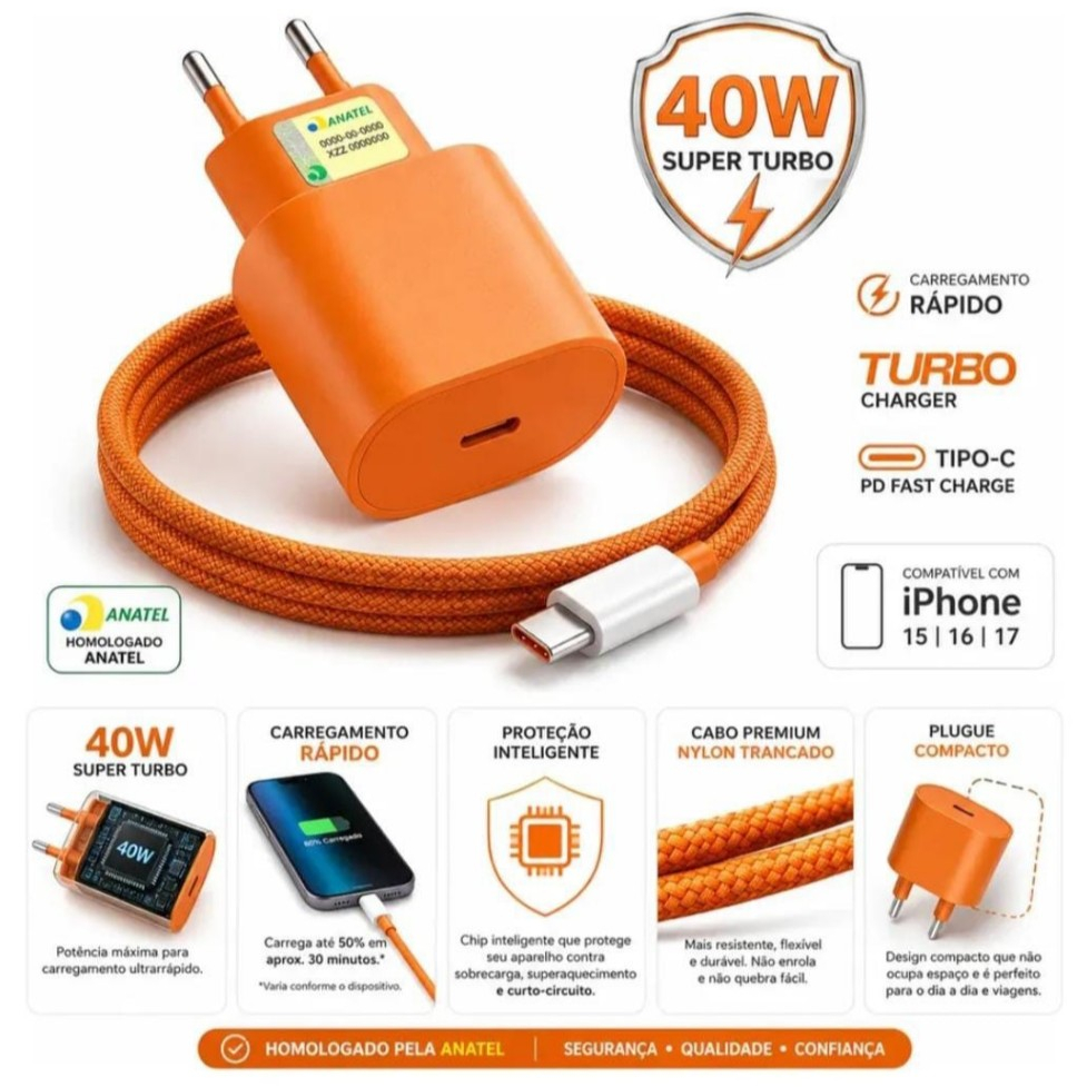 Carregador Para iPhone Turbo 40W Fonte e Cabo Tipo C Para Tipo C