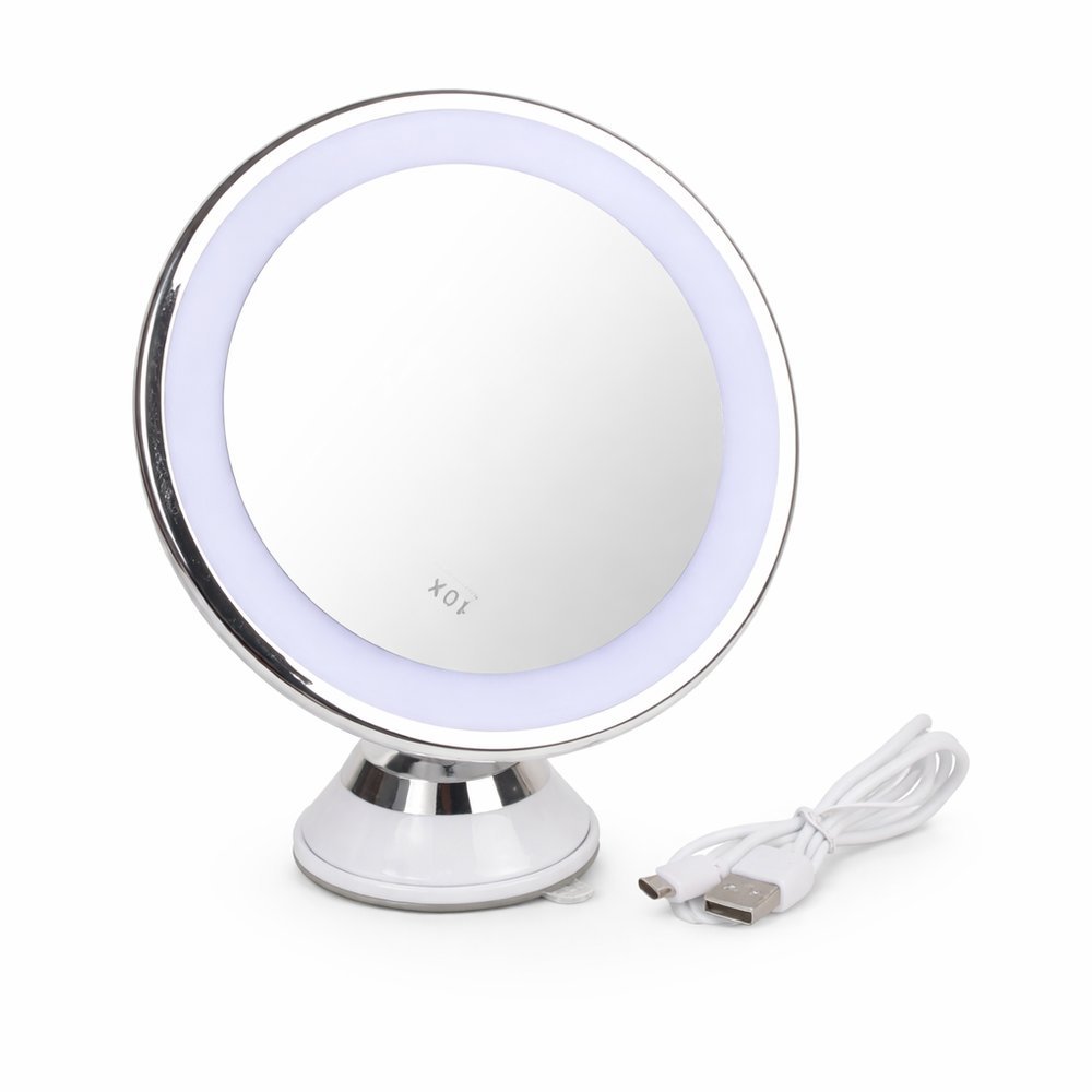 Espelho De Mesa Para Maquiagem Redondo Led Aumento 10x Luz Regulavel Usb Branco Iluminação Regulável