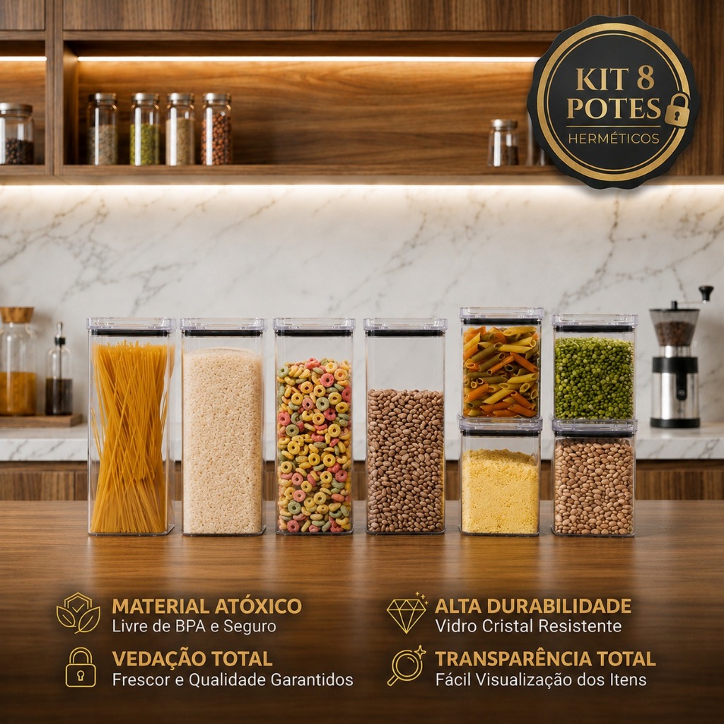 KIT 8 POTES HERMÉTICO TRANSPARENTE QUADRADO PARA PORTA MANTIMENTO COZINHA