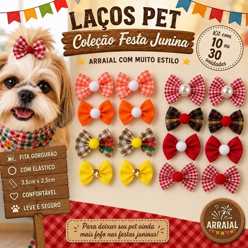 Kit 10 ou 30 unidades | Laço Pet Luxo Festa Julina arraial Pet acessório junino | São João Pet