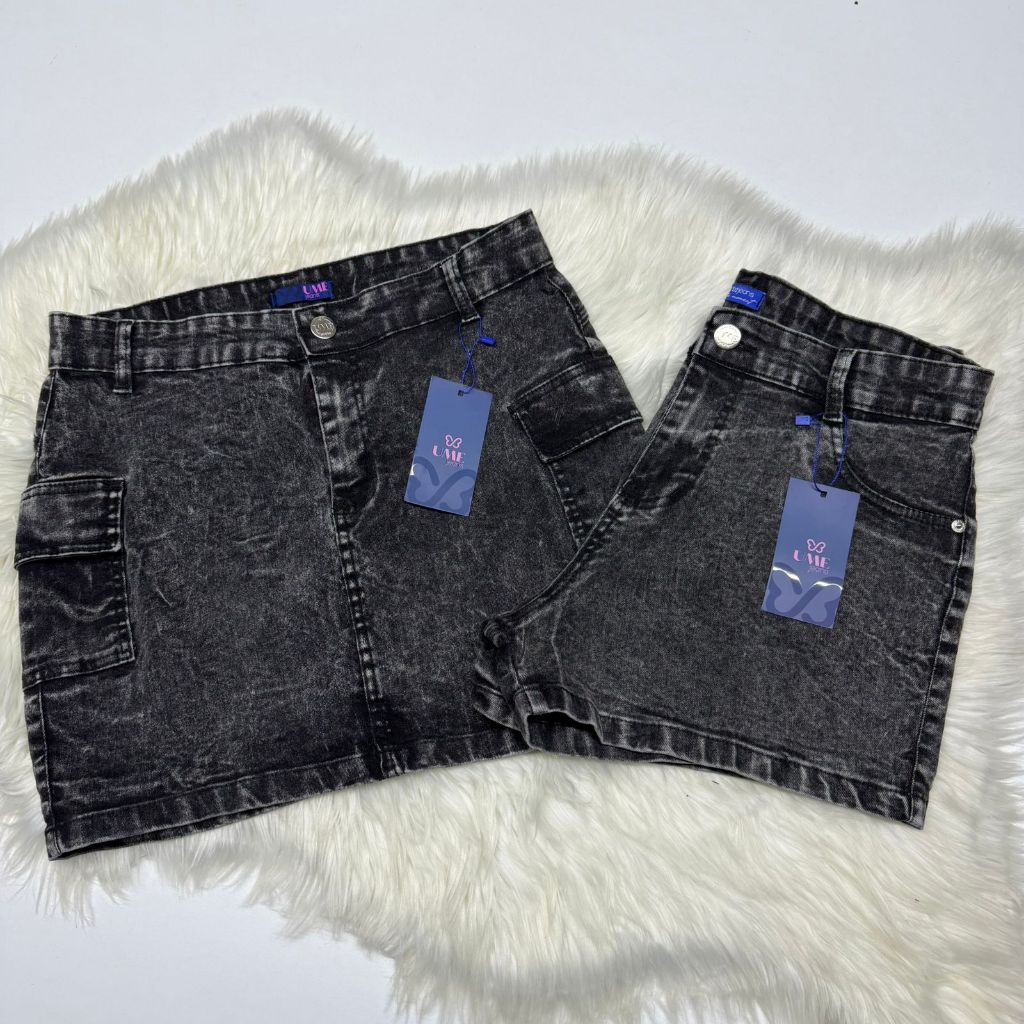 Kit Short Jeans marmorizado+Saia Cargo com Lycra Curta  Cintura alta Ume jeans Barata Empina Bumbum