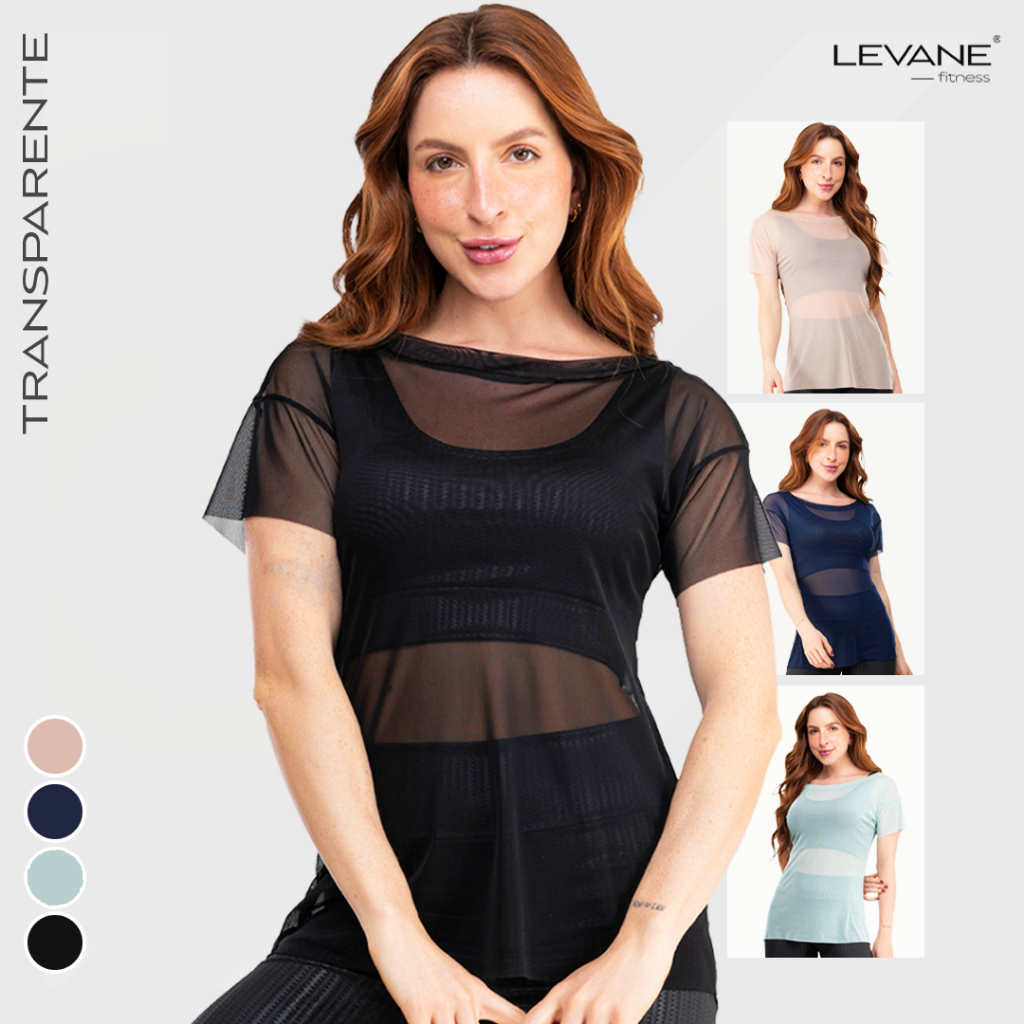 Blusa Transparente Fitness  Tule Manga Curta Camiseta Academia Feminina