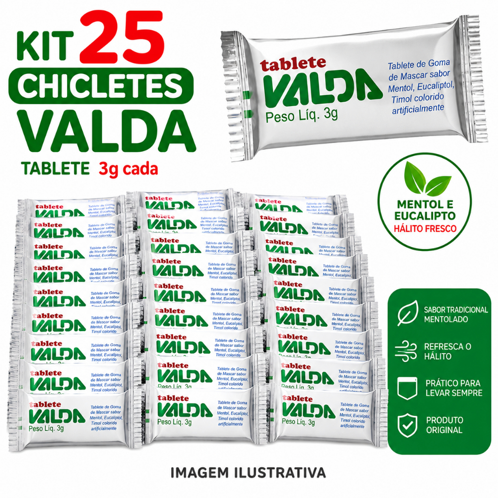 Kit 25 Chicletes Valda Tablete 3g Original Goma De Mascar Mentol Eucalipto Hálito Fresco
