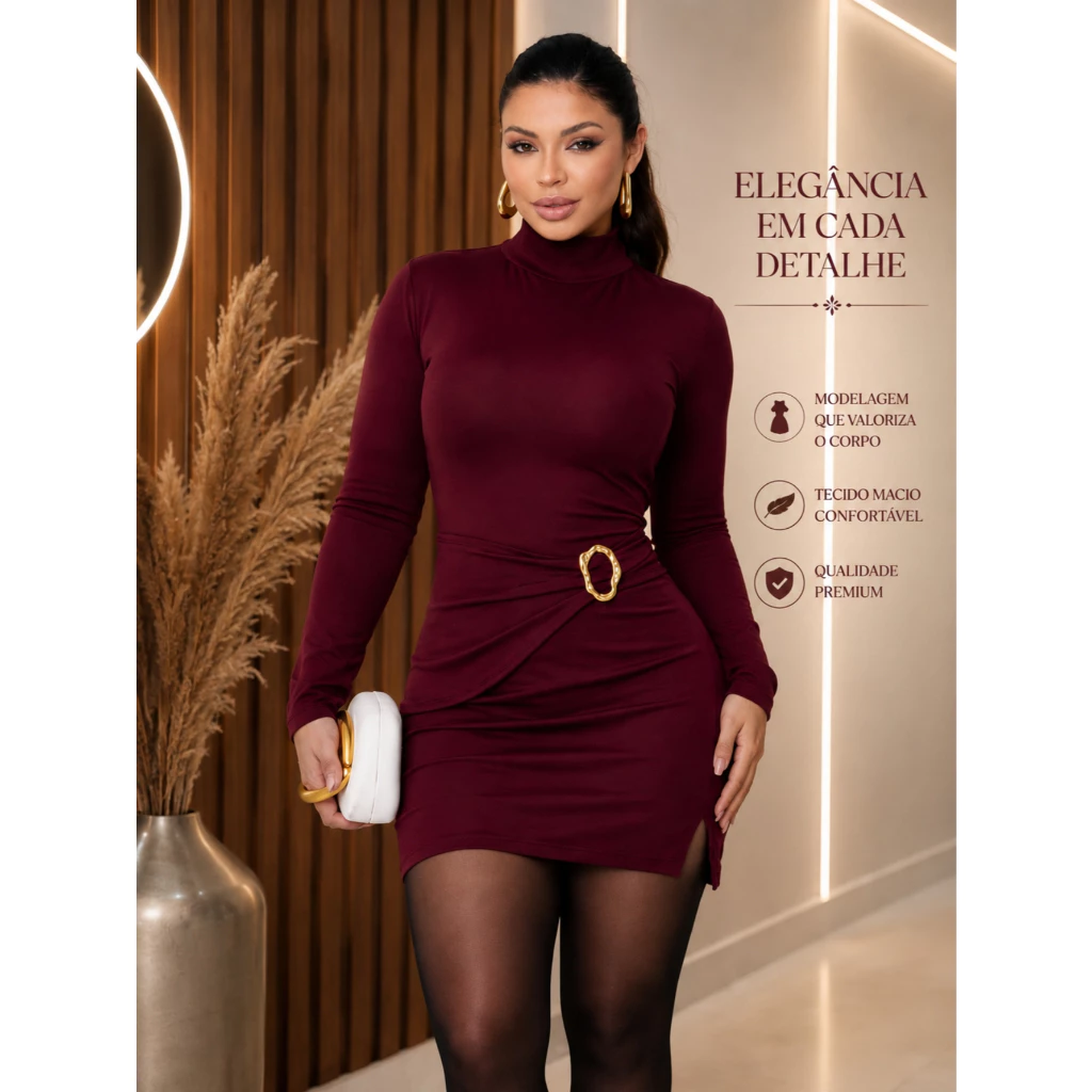 Vestido curto feminino fenda frontal manga longa gola alta fivela luxo acinturado inverno