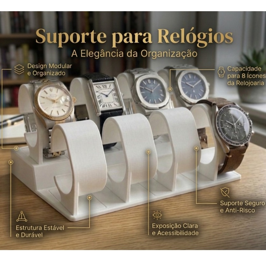 Suporte Expositor Porta Relógios Organizador de Mesa para 8 Relógios Branco Premium